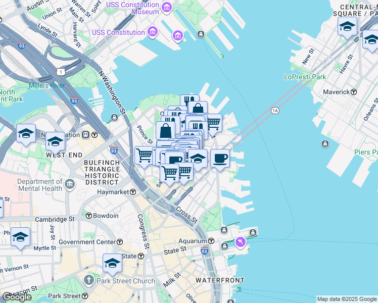 map of restaurants, bars, coffee shops, grocery stores, and more near in Boston