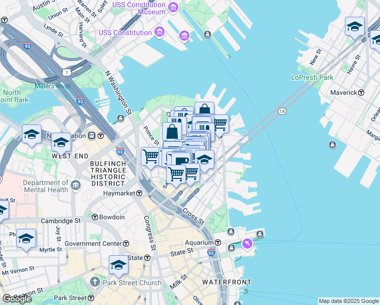 map of restaurants, bars, coffee shops, grocery stores, and more near 4 Charter Street in Boston