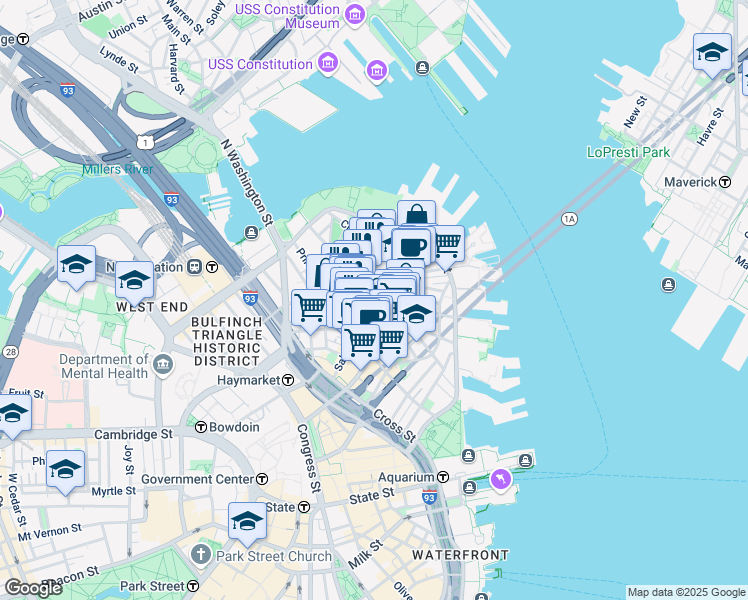 map of restaurants, bars, coffee shops, grocery stores, and more near in Boston