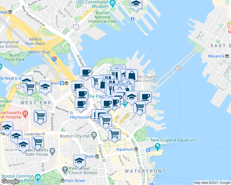 map of restaurants, bars, coffee shops, grocery stores, and more near in Boston