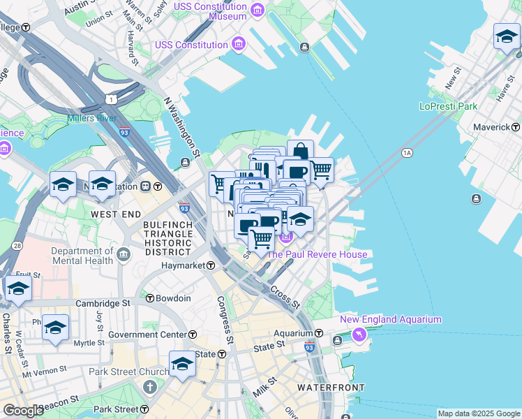 map of restaurants, bars, coffee shops, grocery stores, and more near in Boston