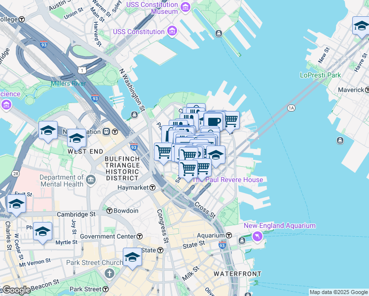 map of restaurants, bars, coffee shops, grocery stores, and more near in Boston