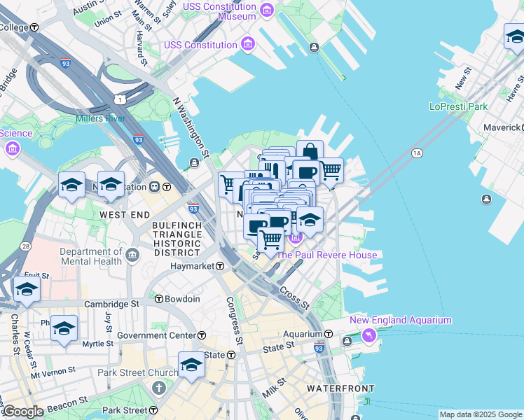 map of restaurants, bars, coffee shops, grocery stores, and more near in Boston
