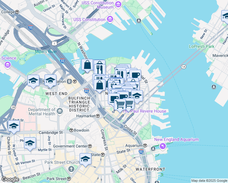 map of restaurants, bars, coffee shops, grocery stores, and more near 3 Snow Hill Street in Boston