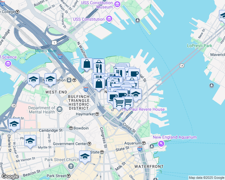map of restaurants, bars, coffee shops, grocery stores, and more near 3 Snow Hill Street in Boston