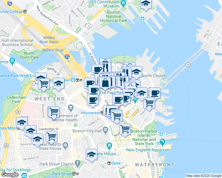 map of restaurants, bars, coffee shops, grocery stores, and more near 3 Snow Hill Street in Boston