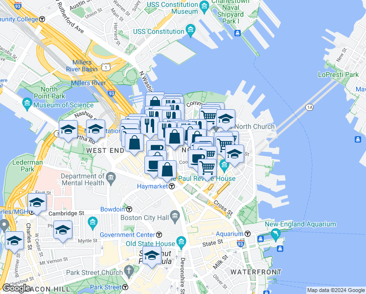 map of restaurants, bars, coffee shops, grocery stores, and more near 7 Endicott Court in Boston
