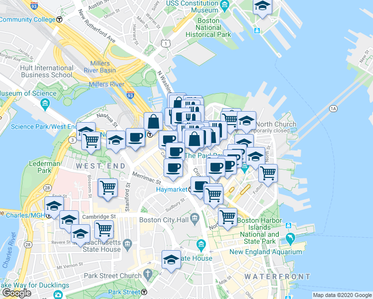 map of restaurants, bars, coffee shops, grocery stores, and more near 7 Endicott Court in Boston