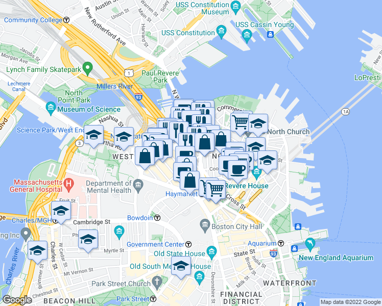 map of restaurants, bars, coffee shops, grocery stores, and more near 225 Causeway Street in Boston