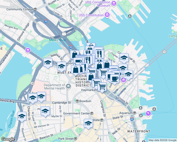 map of restaurants, bars, coffee shops, grocery stores, and more near 225 Causeway Street in Boston