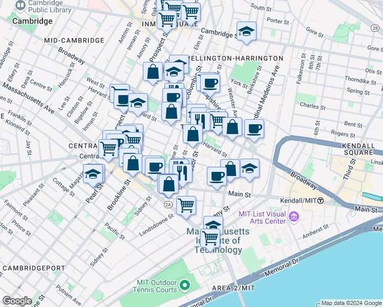 map of restaurants, bars, coffee shops, grocery stores, and more near 151R Cherry Street in Cambridge