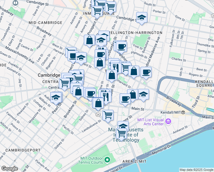 map of restaurants, bars, coffee shops, grocery stores, and more near 151R Cherry Street in Cambridge