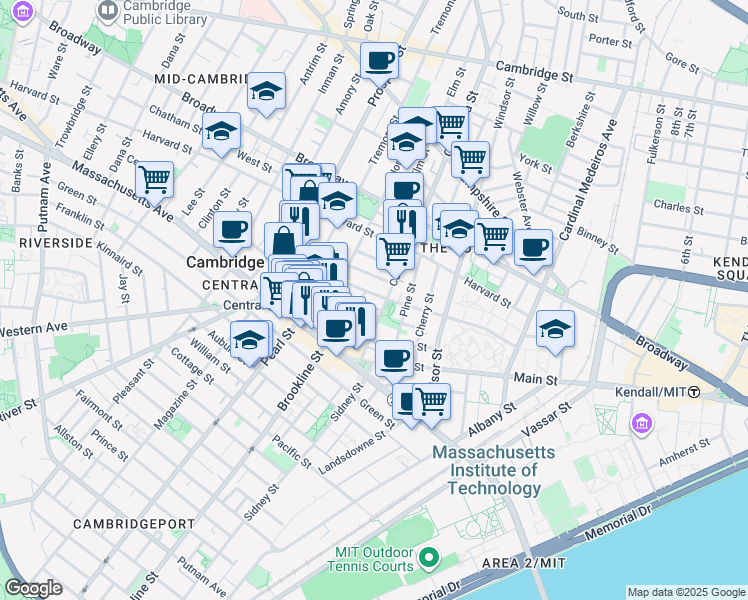 map of restaurants, bars, coffee shops, grocery stores, and more near 385 Washington Street in Cambridge