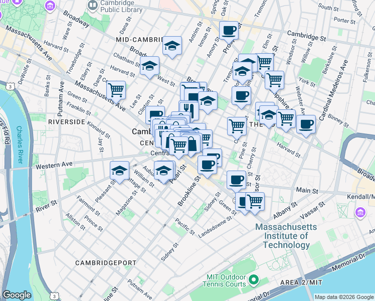map of restaurants, bars, coffee shops, grocery stores, and more near in Cambridge
