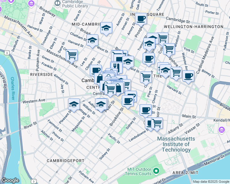 map of restaurants, bars, coffee shops, grocery stores, and more near in Cambridge