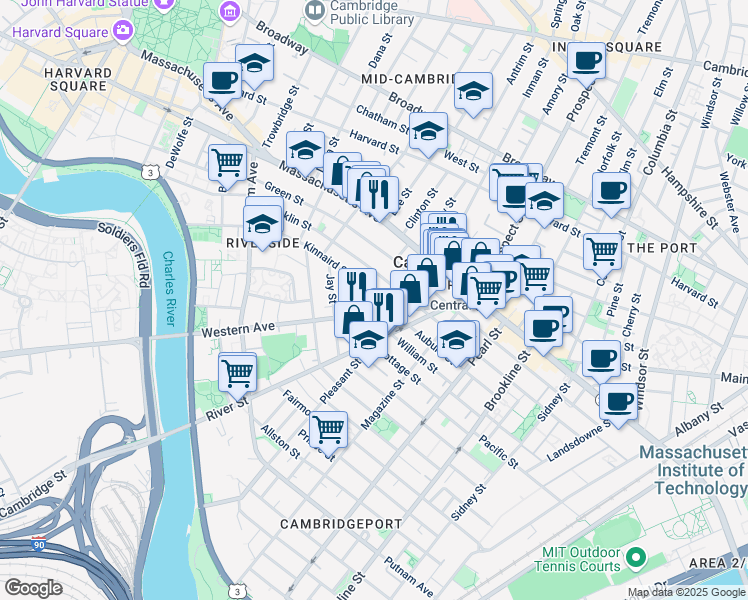map of restaurants, bars, coffee shops, grocery stores, and more near 345 Franklin Street in Cambridge