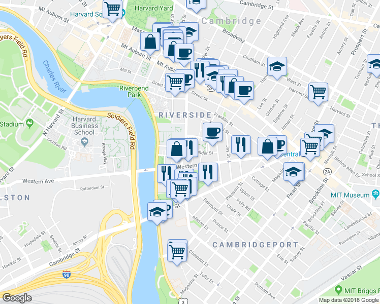 map of restaurants, bars, coffee shops, grocery stores, and more near in Cambridge