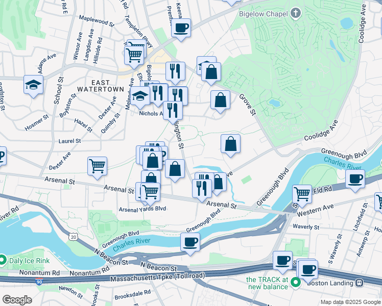 map of restaurants, bars, coffee shops, grocery stores, and more near 26 Berkeley Street in Watertown