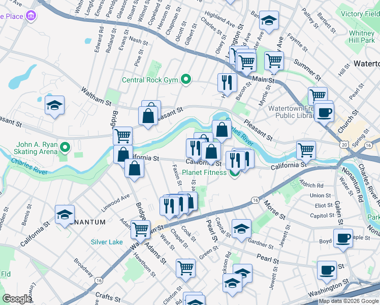 map of restaurants, bars, coffee shops, grocery stores, and more near 31 Rustic Street in Newton