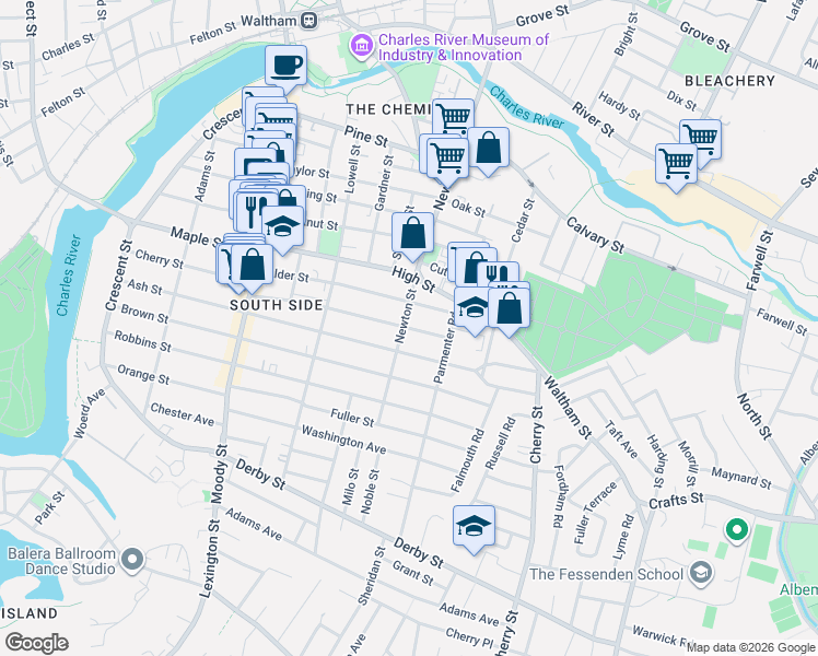 map of restaurants, bars, coffee shops, grocery stores, and more near in Waltham