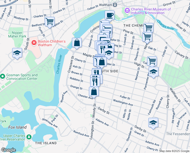 map of restaurants, bars, coffee shops, grocery stores, and more near 77 Ash Street in Waltham