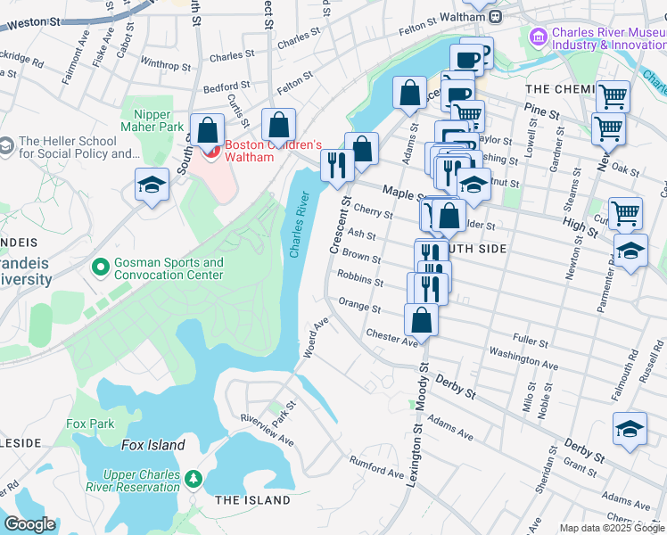 map of restaurants, bars, coffee shops, grocery stores, and more near 241 Crescent Street in Waltham
