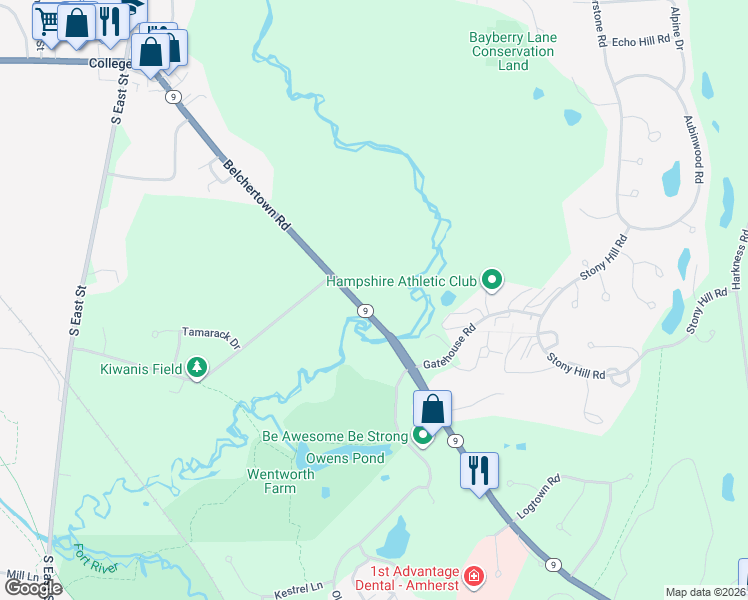 map of restaurants, bars, coffee shops, grocery stores, and more near 298 Belchertown Road in Amherst