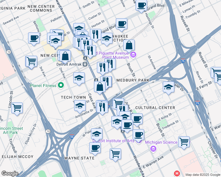 map of restaurants, bars, coffee shops, grocery stores, and more near 79 Harper Avenue in Detroit