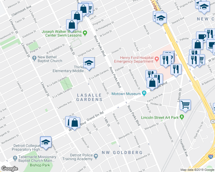 map of restaurants, bars, coffee shops, grocery stores, and more near 7550 Dunedin Street in Detroit