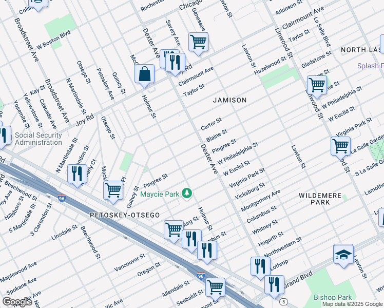 map of restaurants, bars, coffee shops, grocery stores, and more near 8703 Dexter Avenue in Detroit