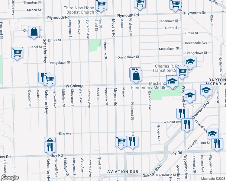 map of restaurants, bars, coffee shops, grocery stores, and more near 10824 West Chicago in Detroit