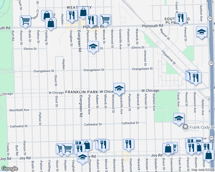 map of restaurants, bars, coffee shops, grocery stores, and more near 9574 Minock Street in Detroit