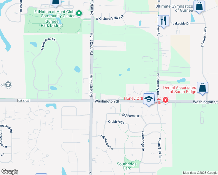 map of restaurants, bars, coffee shops, grocery stores, and more near 34643 Hunt Club Road in Gurnee