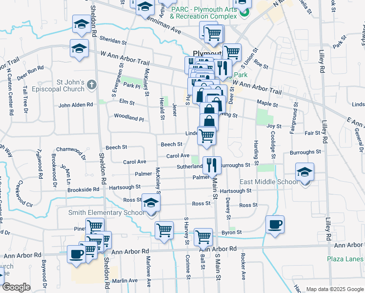 map of restaurants, bars, coffee shops, grocery stores, and more near 774 South Harvey Street in Plymouth