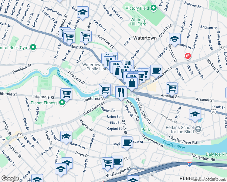 map of restaurants, bars, coffee shops, grocery stores, and more near 27 Pleasant Street in Watertown