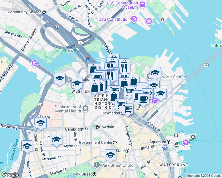 map of restaurants, bars, coffee shops, grocery stores, and more near 110 Beverly Street in Boston