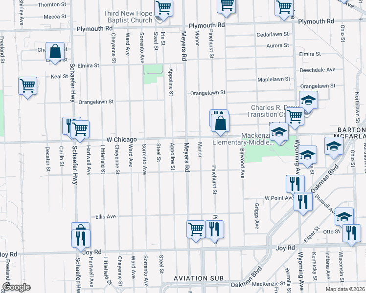 map of restaurants, bars, coffee shops, grocery stores, and more near 10824 West Chicago in Detroit