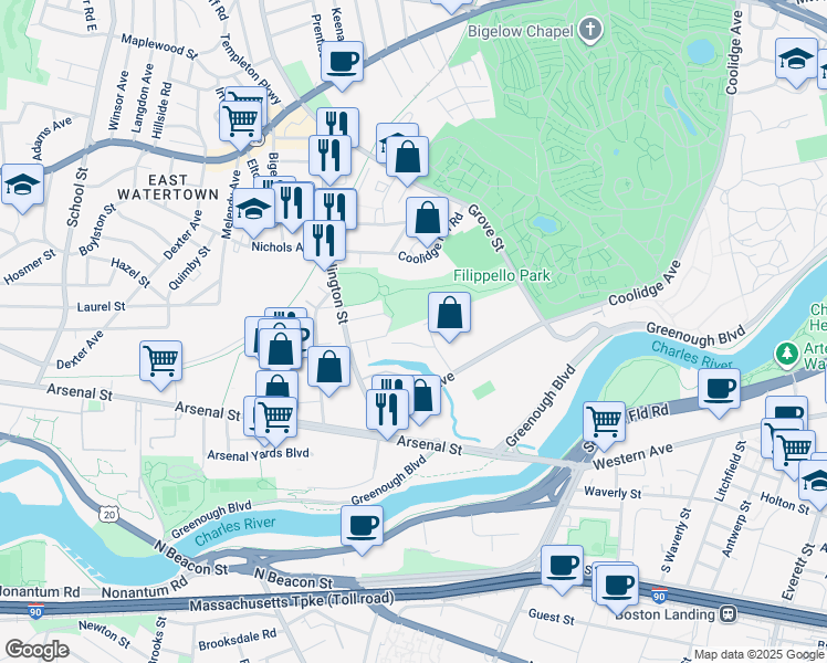 map of restaurants, bars, coffee shops, grocery stores, and more near 62-98 Berkeley Street in Watertown