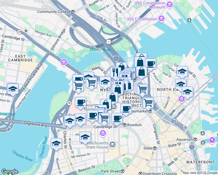 map of restaurants, bars, coffee shops, grocery stores, and more near in Boston