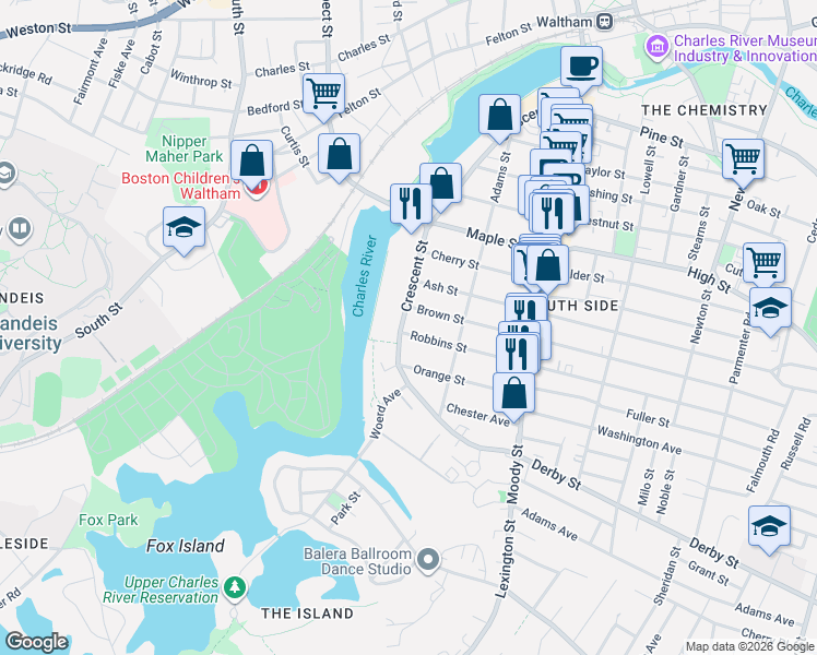 map of restaurants, bars, coffee shops, grocery stores, and more near 254 Crescent Street in Waltham