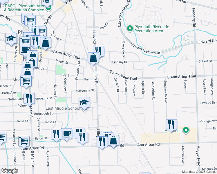 map of restaurants, bars, coffee shops, grocery stores, and more near 124 Pinewood Drive in Plymouth