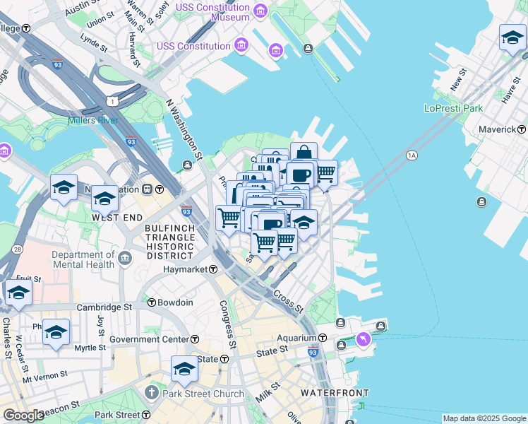 map of restaurants, bars, coffee shops, grocery stores, and more near in Boston