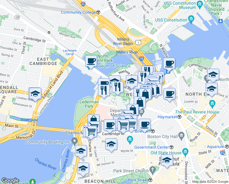 map of restaurants, bars, coffee shops, grocery stores, and more near 5 Whittier Place in Boston