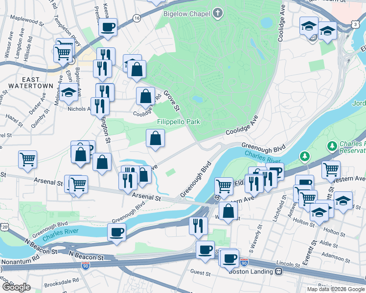 map of restaurants, bars, coffee shops, grocery stores, and more near 55 Chapel Street in Watertown