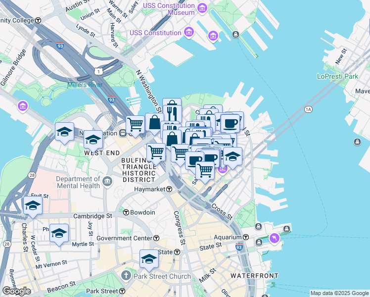 map of restaurants, bars, coffee shops, grocery stores, and more near 3 Snow Hill Street in Boston