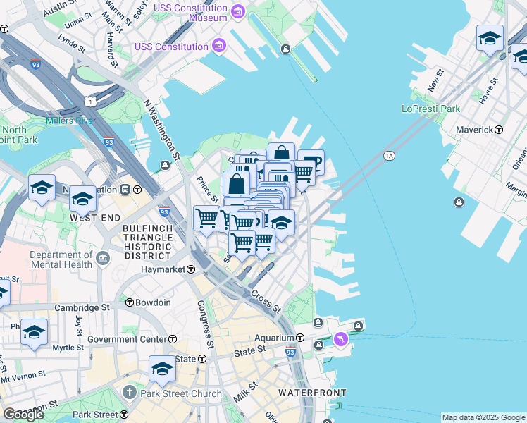 map of restaurants, bars, coffee shops, grocery stores, and more near 4 Charter Street in Boston