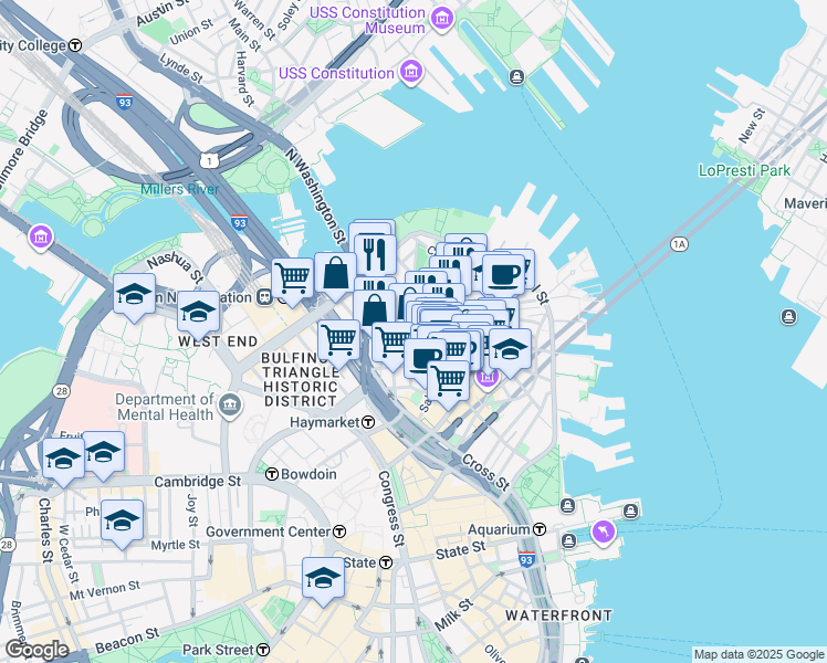 map of restaurants, bars, coffee shops, grocery stores, and more near 6 Thacher Street in Boston