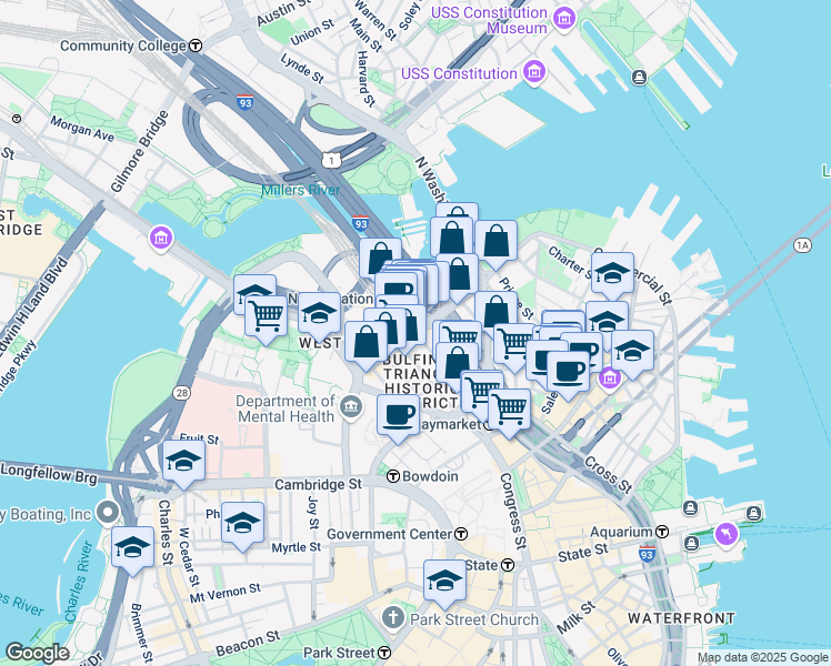 map of restaurants, bars, coffee shops, grocery stores, and more near Causeway St & Canal St in Boston