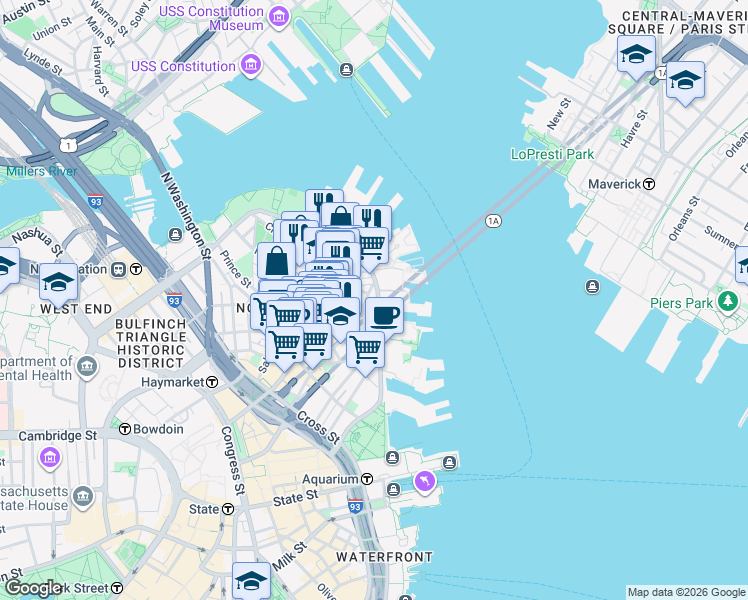 map of restaurants, bars, coffee shops, grocery stores, and more near 7 Powers Court in Boston