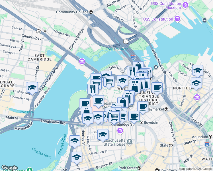 map of restaurants, bars, coffee shops, grocery stores, and more near 5 Whittier Place in Boston